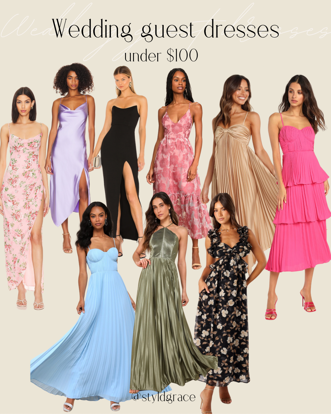 collage of Wedding Guest Dresses (most under $100)