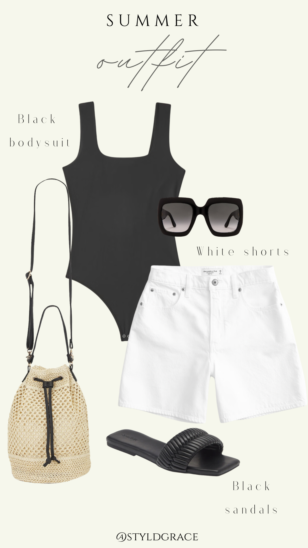 Styl'd Grace Blogger Brittainy Lemelle black bodysuit, white shorts, and black sandals