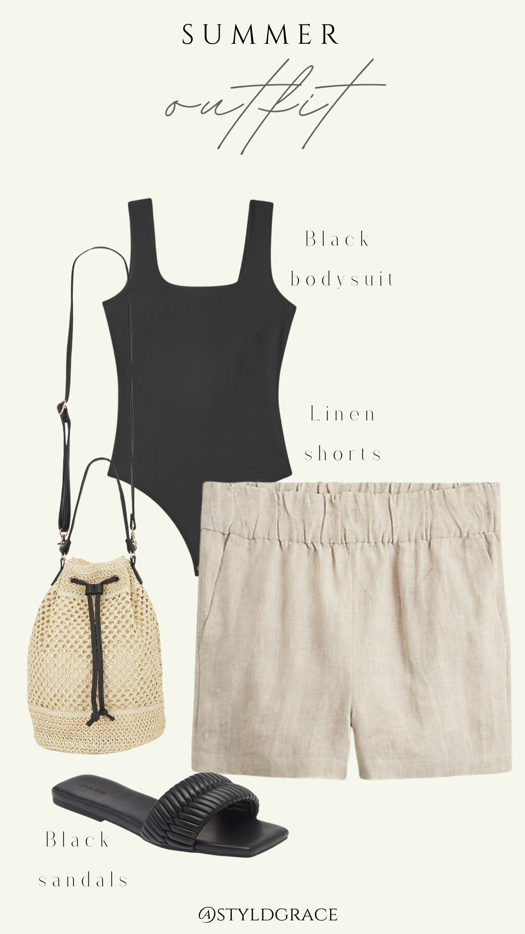 Styl'd Grace Blogger Brittainy Lemelle perfect summer wardrobe capsule: black bodysuit and linen shorts