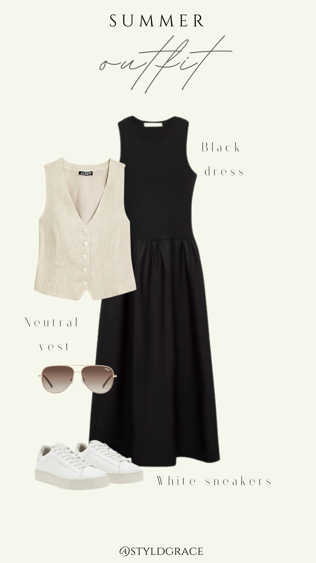 Styl'd Grace Blogger Brittainy Lemelle perfect summer wardrobe capsule: black dress, neutral vest, and white sneakers