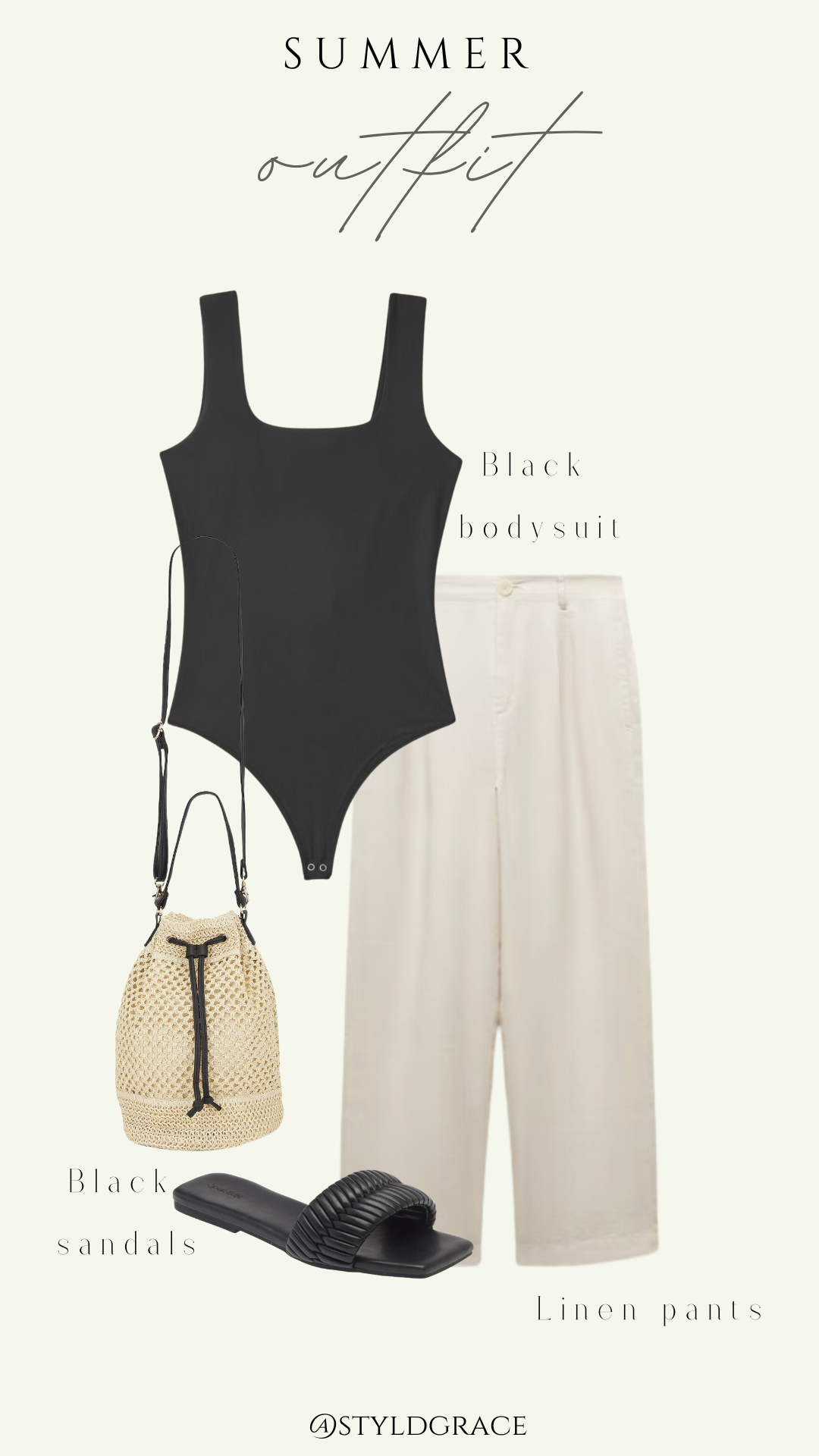 Styl'd Grace Blogger Brittainy Lemelle perfect summer wardrobe capsule: black bodysuit, linen pants and black sandals