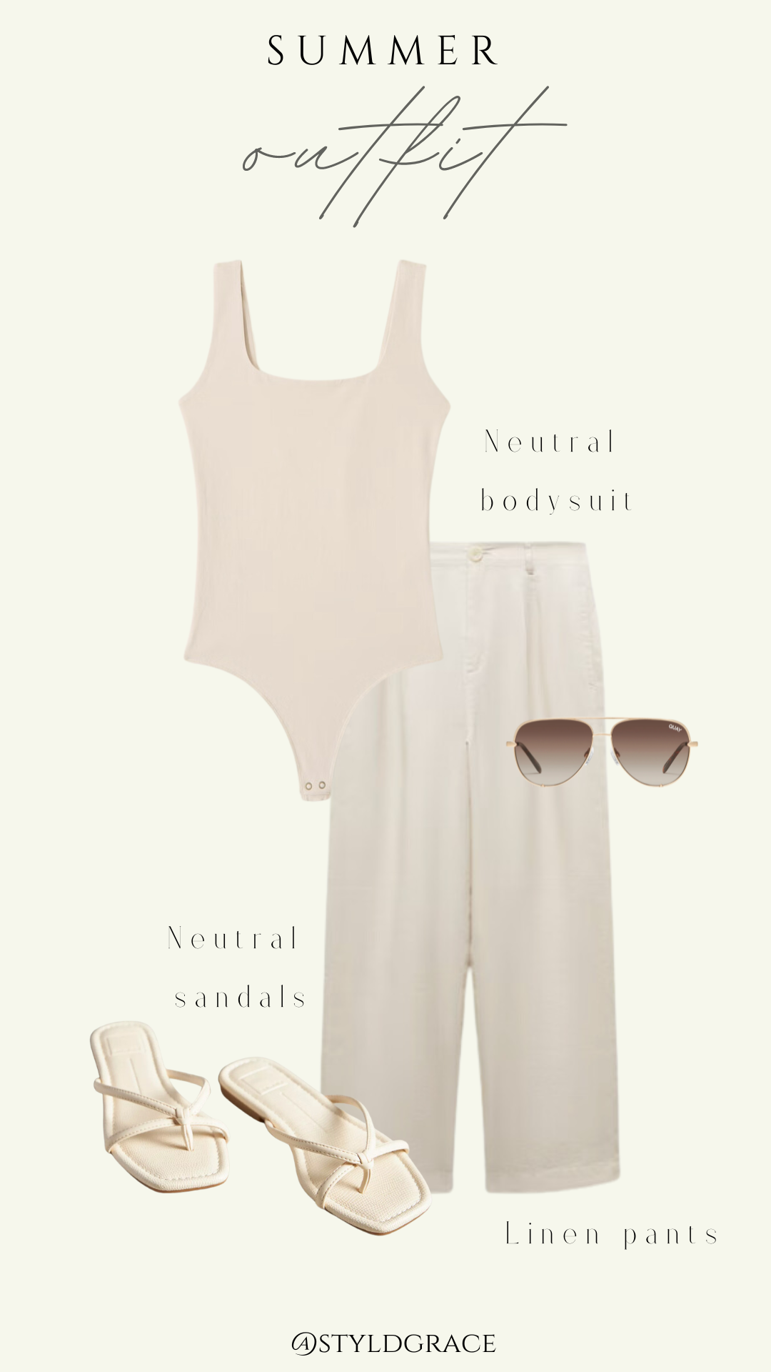 Styl'd Grace Blogger Brittainy Lemelle perfect summer wardrobe capsule: neutral bodysuit, linen pants and neutral sandals