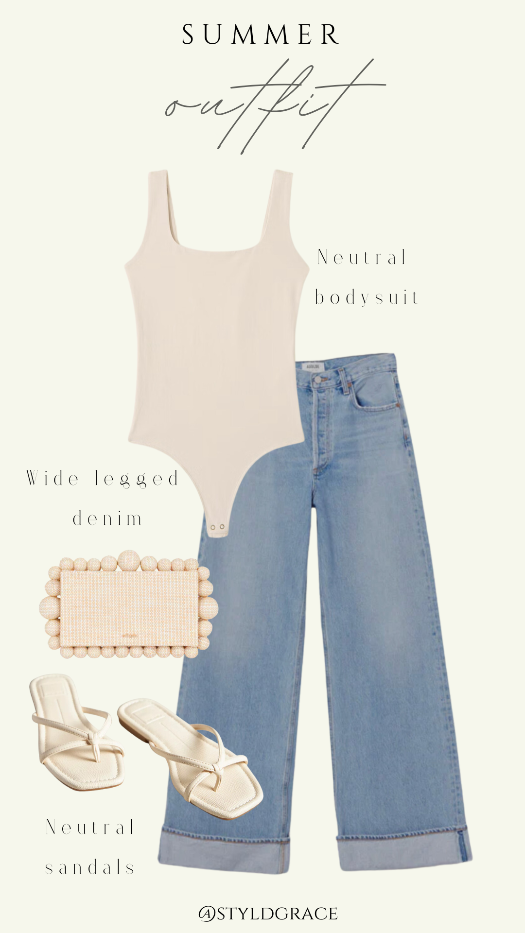 Styl'd Grace Blogger Brittainy Lemelle perfect summer wardrobe capsule: neutral bodysuit, wide legged jeans, and neutral sandals