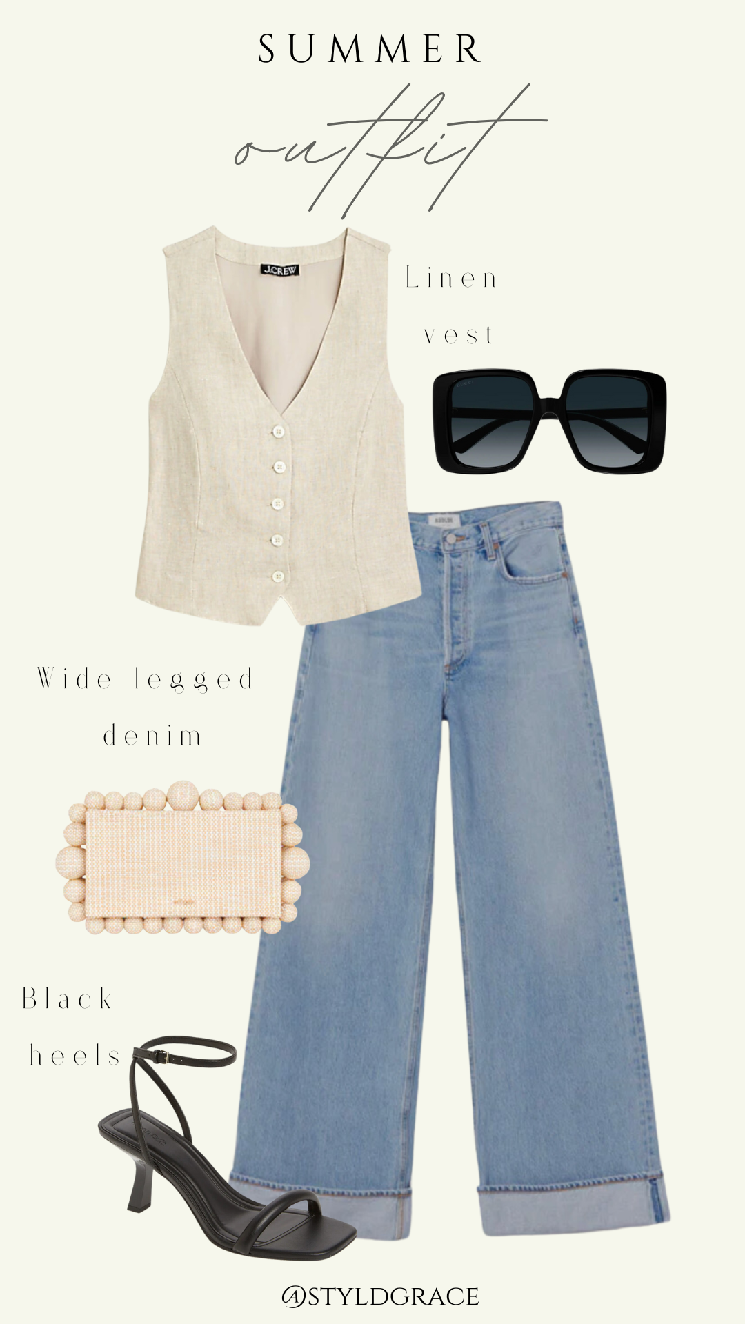 Styl'd Grace Blogger Brittainy Lemelle perfect summer wardrobe capsule: linen vest, wide legged jeans, and black heels