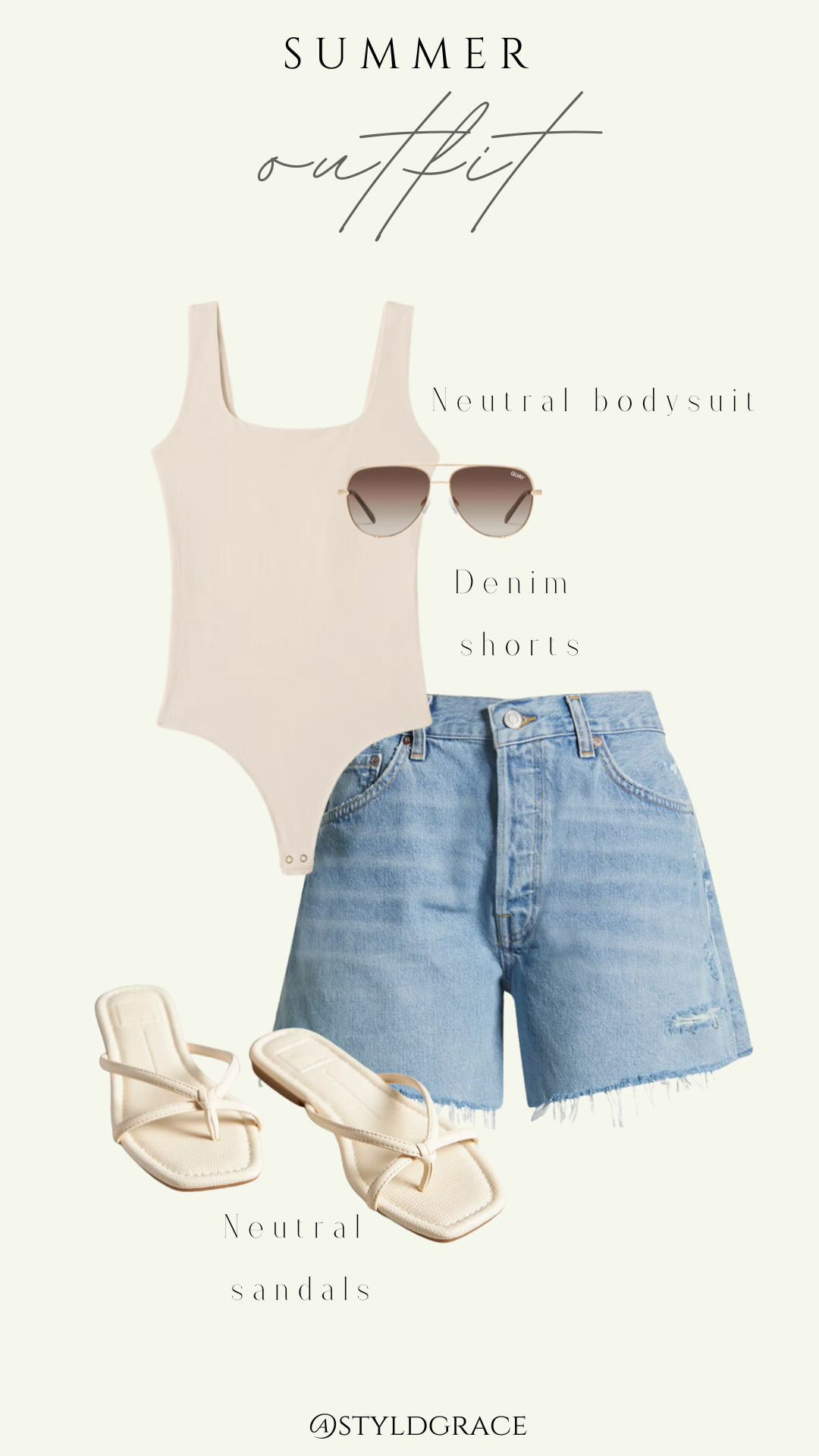 Styl'd Grace Blogger Brittainy Lemelle summer outfit: denim shorts, neutral bodysuit, and neutral sandals