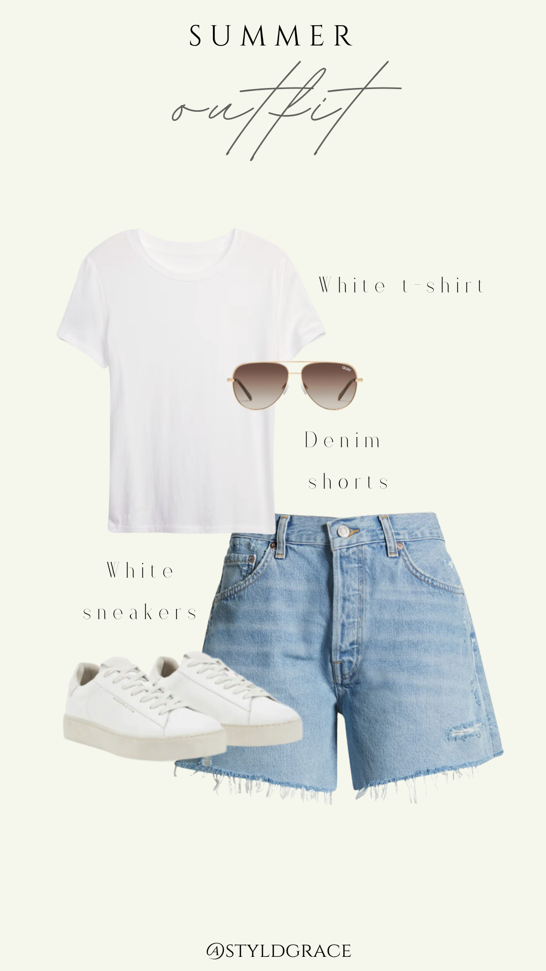 Styl'd Grace Blogger Brittainy Lemelle summer outfit: denim shorts, white t-shirt, and white sneakers