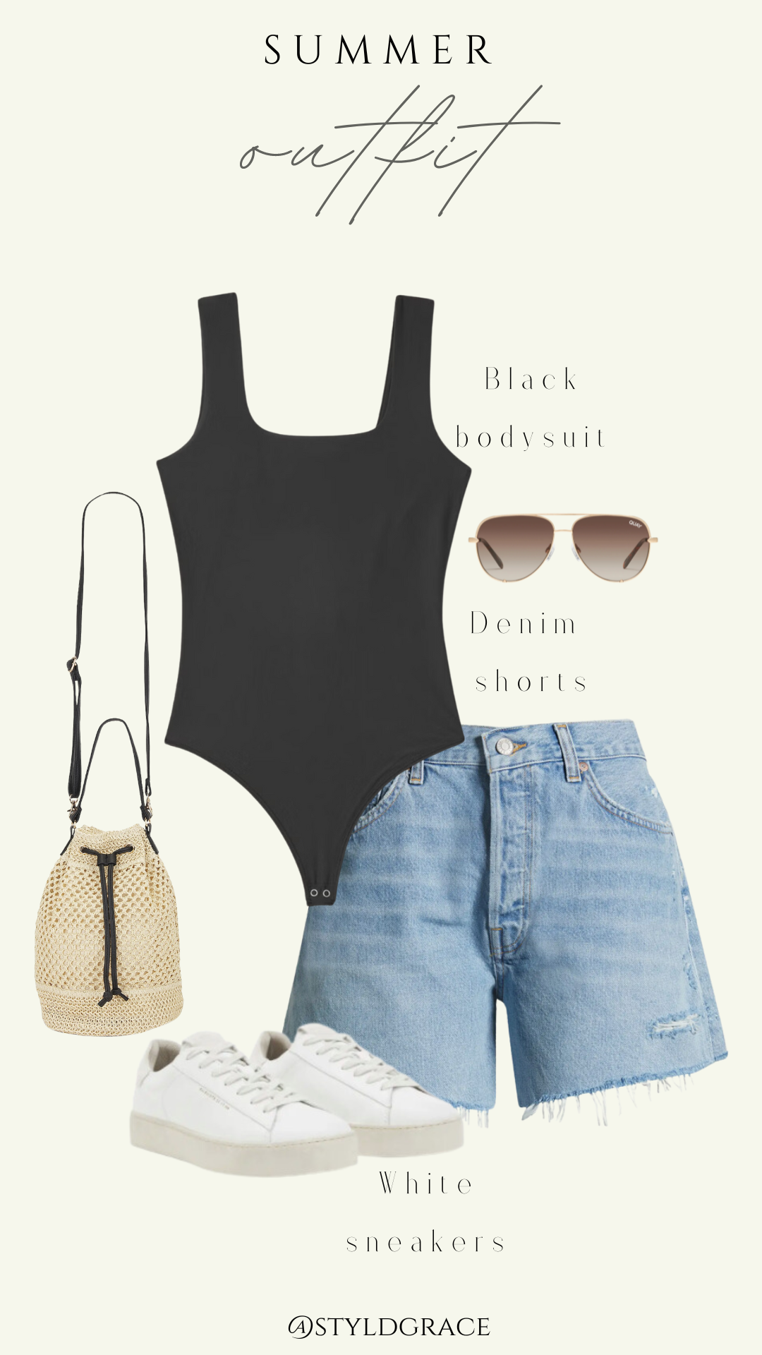 Styl'd Grace Blogger Brittainy Lemelle summer outfit: denim shorts, black bodysuit, and white sneakers