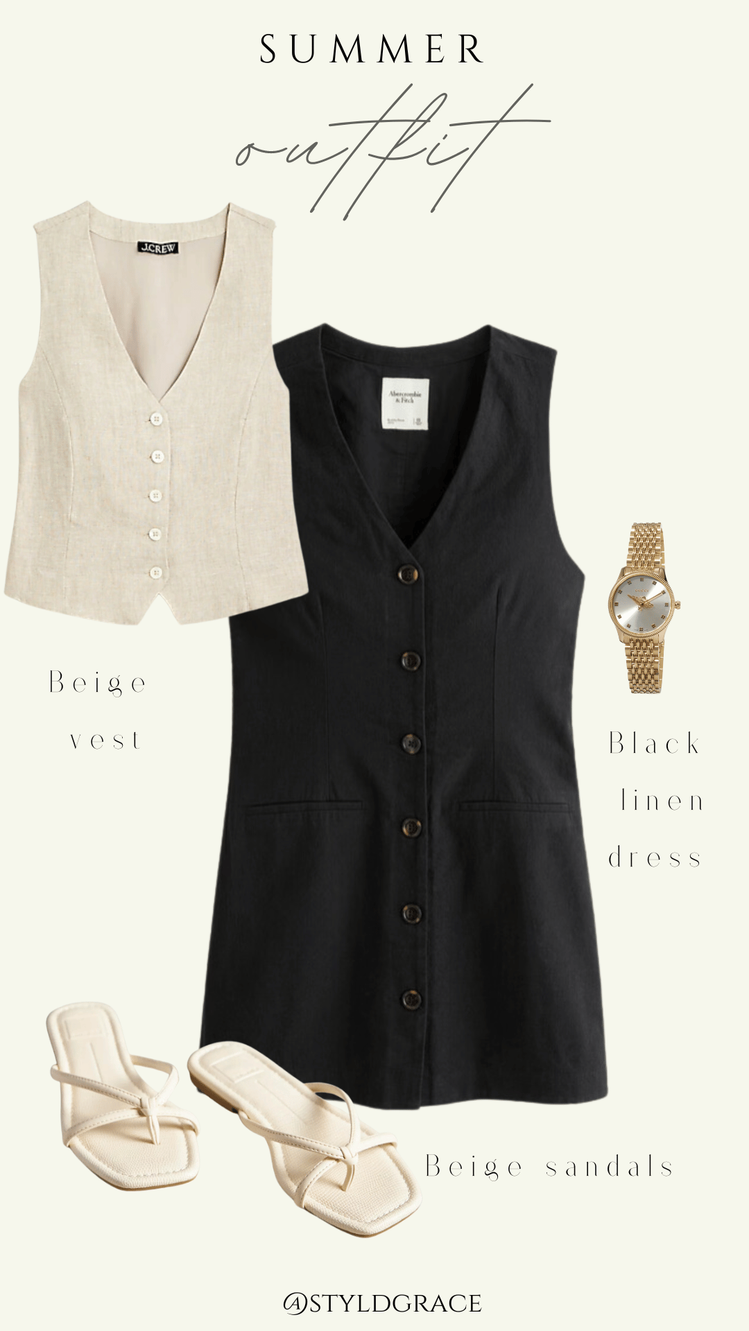 Styl'd Grace Blogger Brittainy Lemelle perfect summer wardrobe capsule: black linen dress, beige vest, and beige sandals