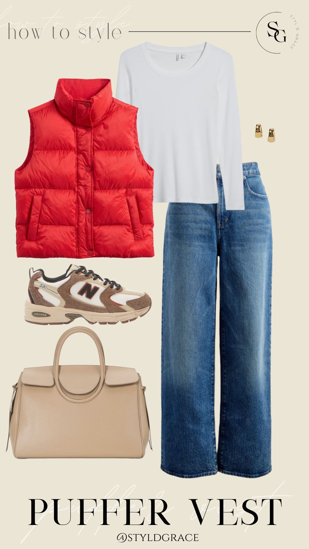 bright puffer vest with jeans